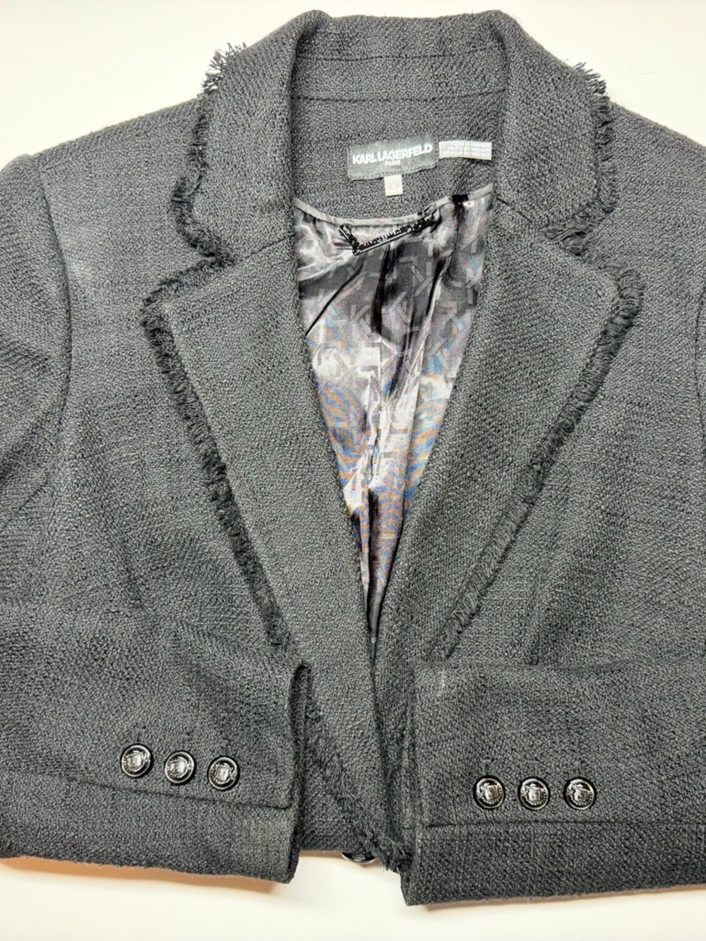 Karl Lagerfeld Paris Black Tweed Fringed‎ Blazer – Size 6 – NWOT